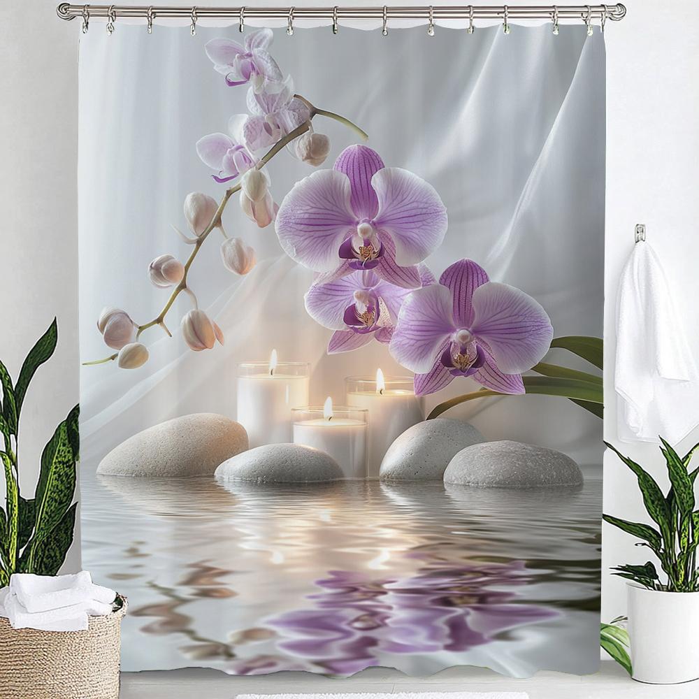Zasłona prysznicowa Ogród Zen, Kamień, Kwiat, Spa, Japońska Medytacja Łazienka Dekoracyjna Zasłona Prysznicowa, Wodoodporna Zasłona Prysznicowa