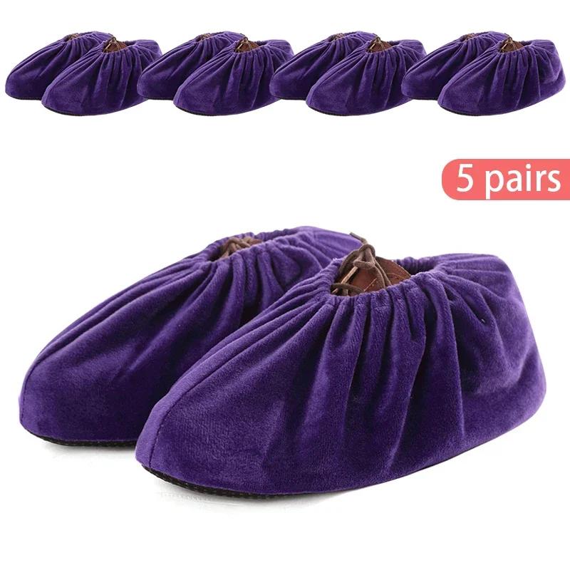 5 Pairs Thicken Plush Shoe Covers Reusable Anti-slip Soles Durable Wear-resistant Covers Foot for Indoor Outdoor Shoe