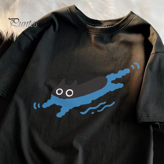 Par Casual T-skjorte Tegneserie Svart Katt Trykk T-skjorte Rund Hals Løs Sommer Topp for Menn Kvinner Hjem Gym Streetwear