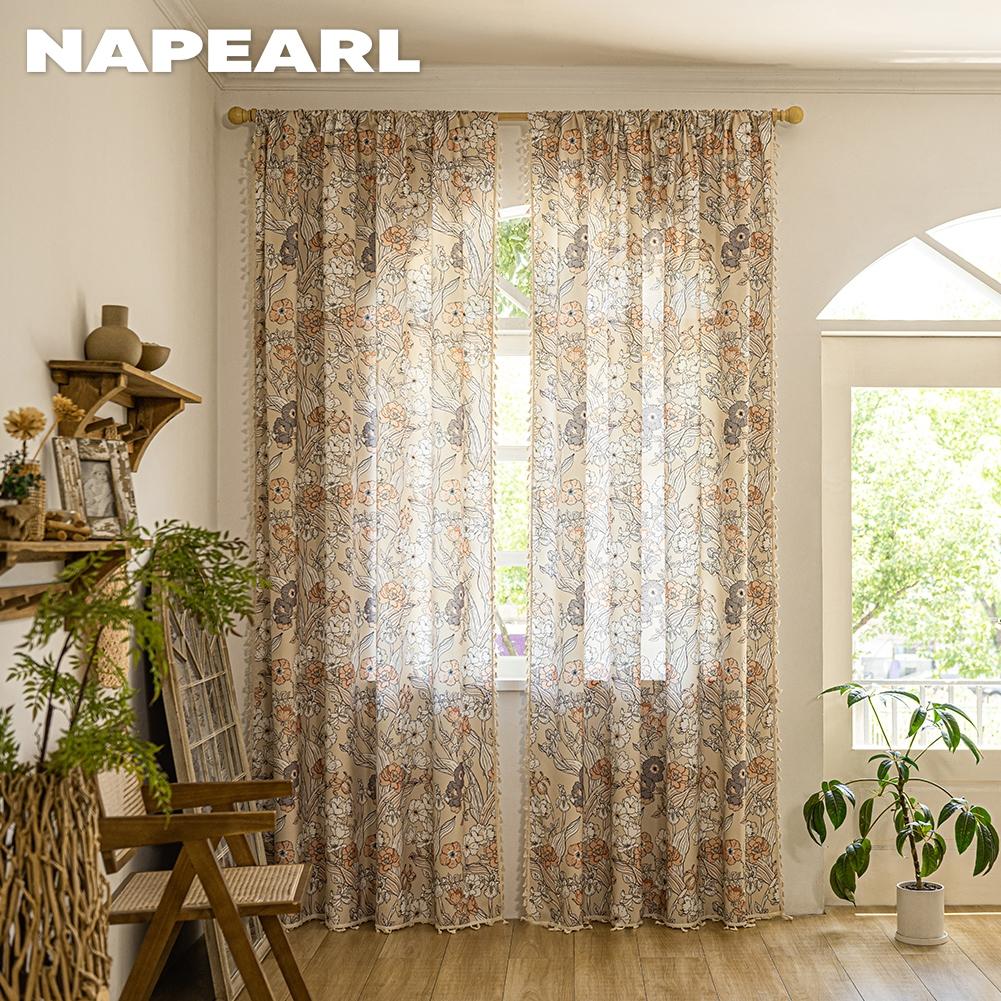 1PC NAPEARL French Retro Floral Printed Curtains Pastoral Style Tassel Edge Semi Blackout Curtains for Bedroom Living Room Window Home Decor