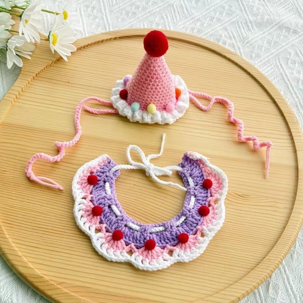 2pcs Handmade Dog Neck Set Photo Decoration Dog Neck Accessories Soft Pet Birthday Hat