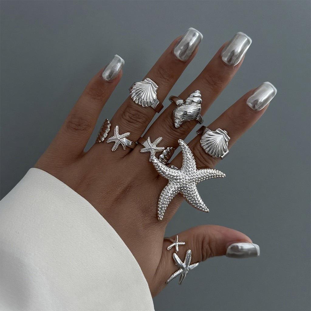 Ocean Wind Starfish Scallop Shell Ring Set Design Sense Irregular Metal Sun Flower Ring