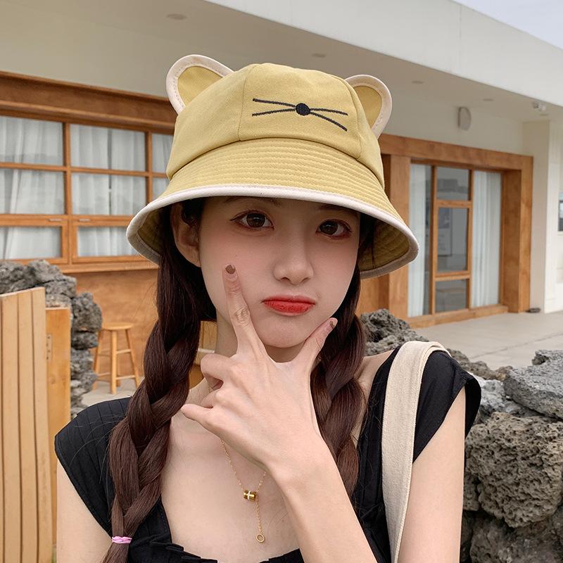 Cute cat hat bucket hat female summer small fresh versatile basin hat student sun hat cat ear hat