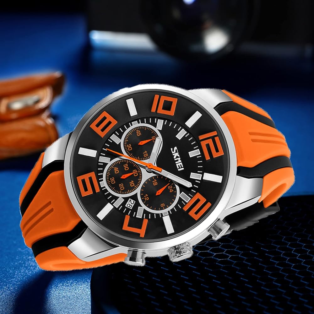 Men's Big Face Analog Chronograph Watch Orange Silicone Waterproof Casual Sports
