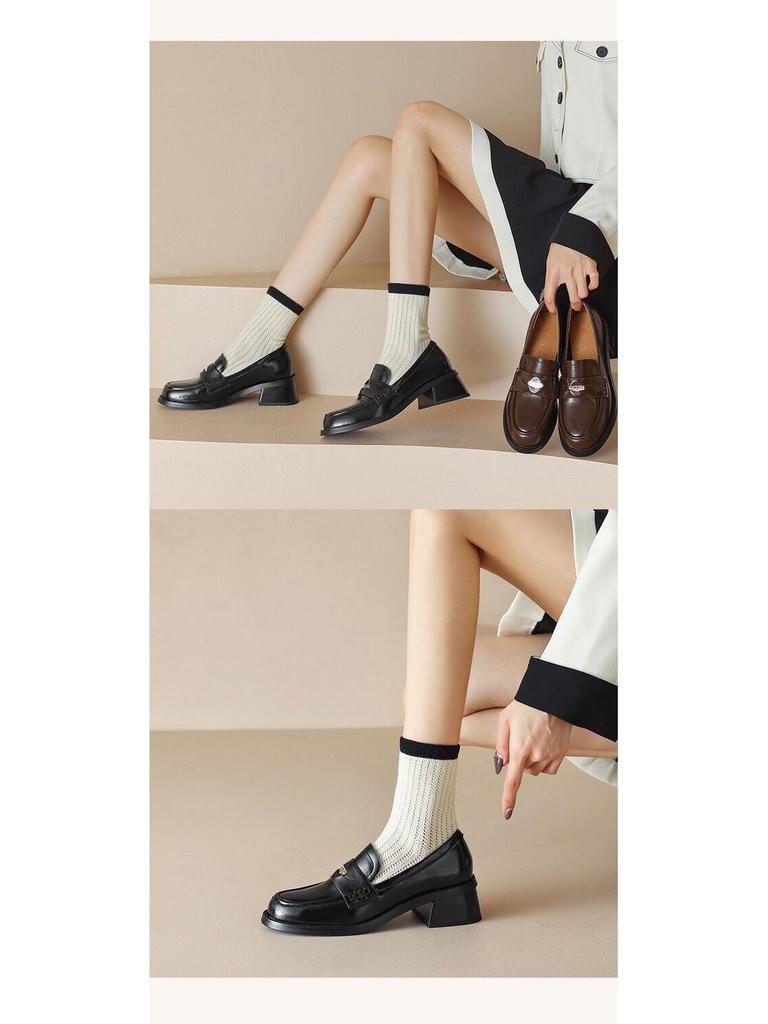 Women's 2025 Vintage Brown Preppy Loafers - Slip-On Coin Round Toe Leather Shoes with Kitten Heel
