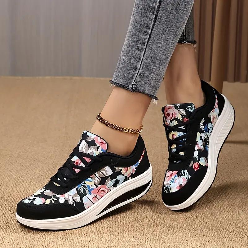 Damen Atmungsaktive Toningschuhe Geblümt Bequem Dicke Sohlen Schwingschuhe Plateau Keil Abnehmende Sneaker