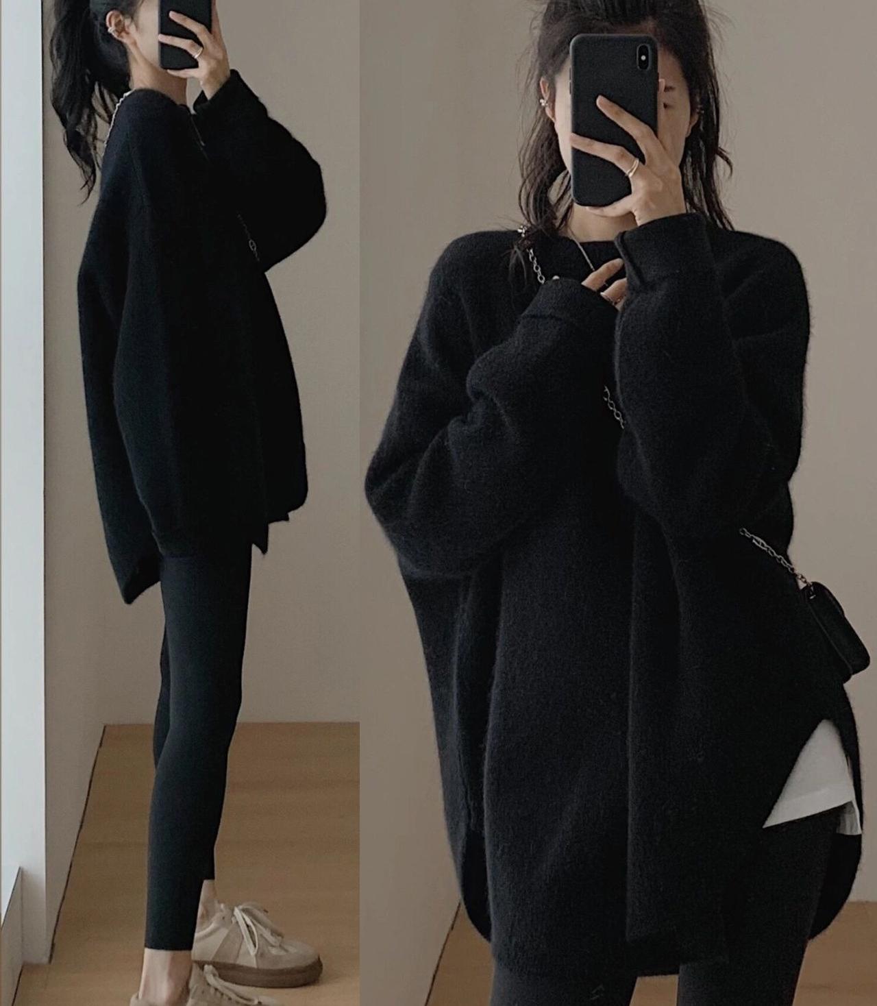 

Длинный свитер женский с круглым вырезом, вязаный пуловер женский, теплые вязаные топы, свободная повседневная женская одежда на осень-зиму One Size чёрный