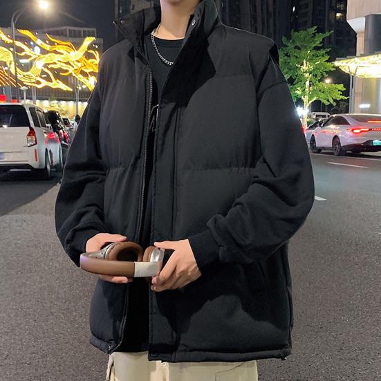 Men Cotton Waistcoat Stand Collar Sleeveless Pockets Quilted Vest Coat Solid Color