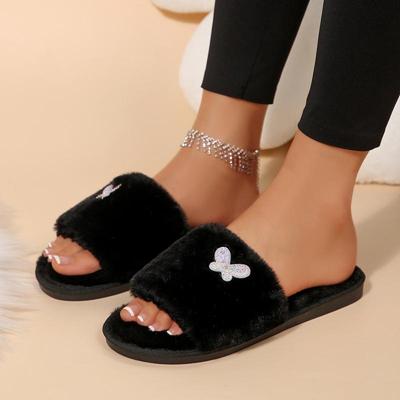 Mode Luxus Glitzer Schmetterling Baumwollpantoffeln Damen 2025 Winter Warm Plüsch Rutschfest Schlafzimmerpantoffeln Flauschige Flache Hausschuhe Frau