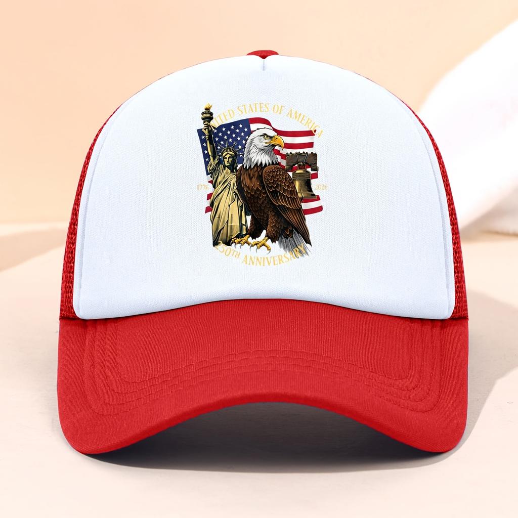 Th Anniversary Trucker Cap for USA Independence Day Featuring a Graphic of The Statue of Liberty And Eagle Flag Perfect