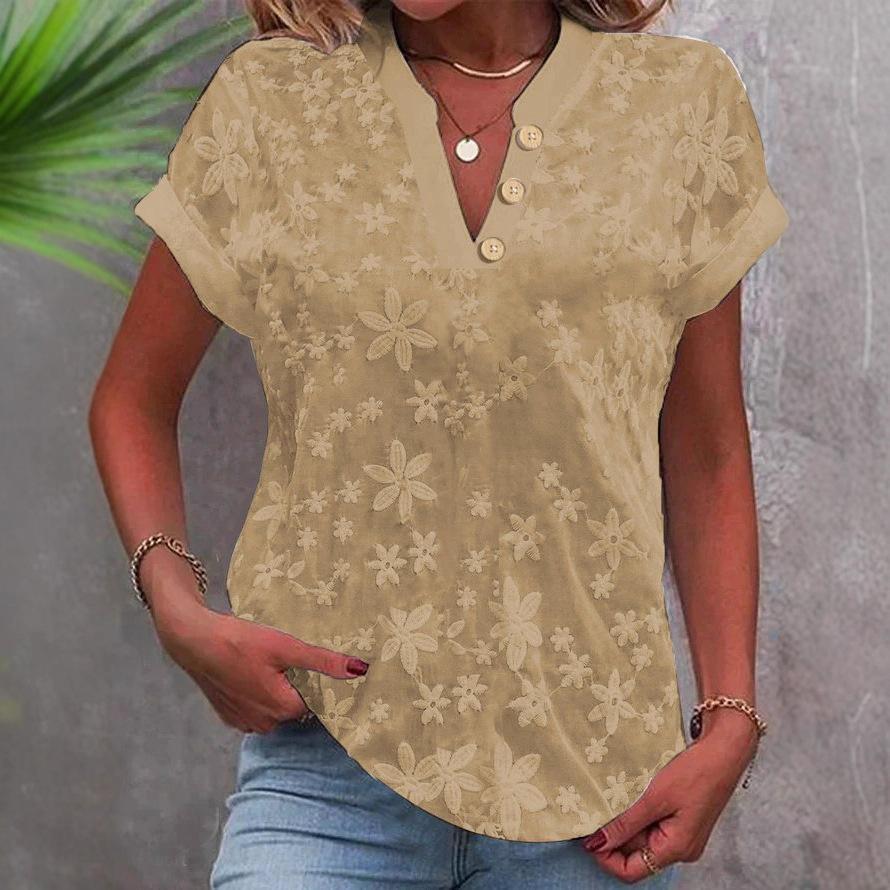 Women's Summer Floral V-Neck Blouse Casual Short Sleeve Button T-Shirt