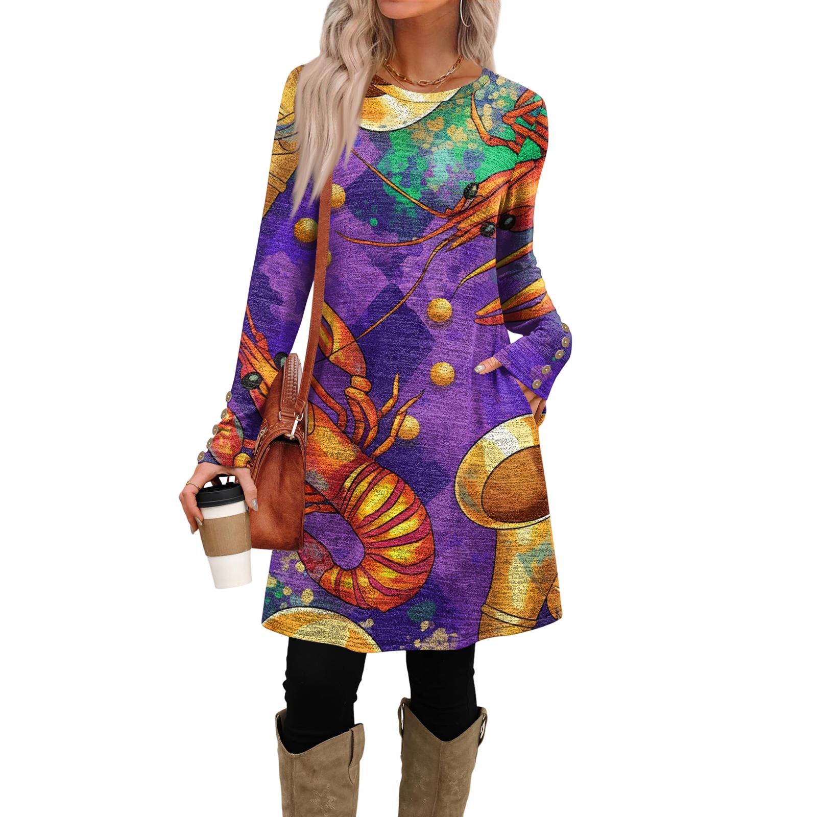 

Women s Fashion Casual Dress With Pockets, Decorative Buttons, Carnival Prints, Round Neck And Long Sleeves XL