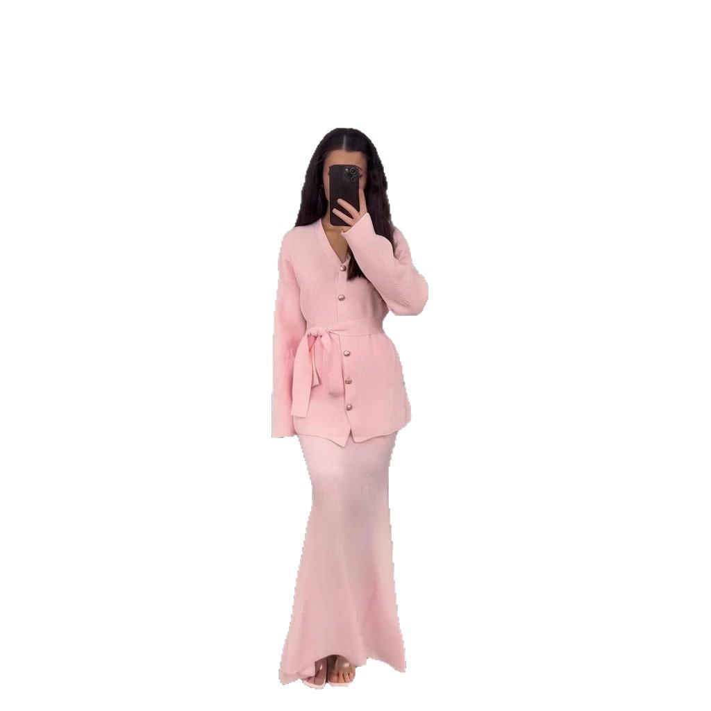 2025 cross-border European and American autumn new cardigan temperament commuter lace-up waist fairy hip skirt women's clothing