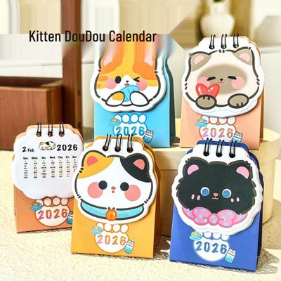 2026 Süßer Cartoon-Katzen-Schreibtischkalender – Mini-Schreibtischornament für Schüler mit Kätzchen-Stempel-Funktion