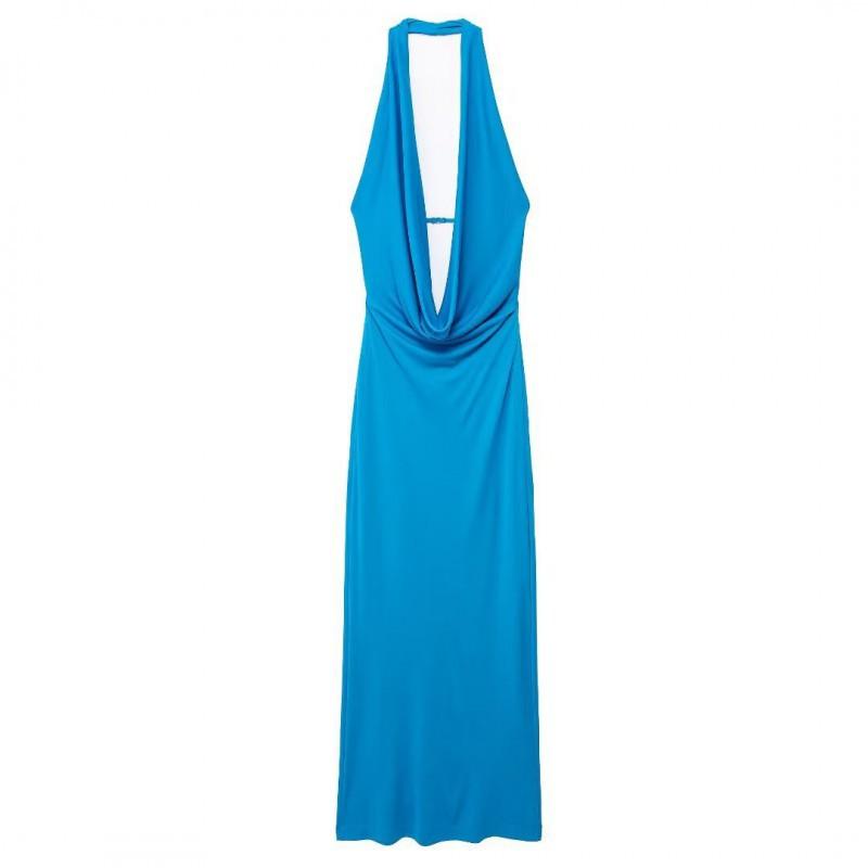 European American Women s Clothing Summer Fashion Pleated Backless Collar Dress M павлин голубой