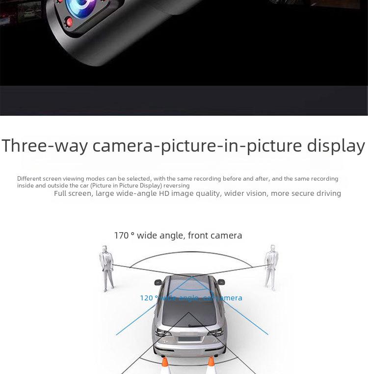 1080P HD Car Dash Cam with 360° Adjustable Triple Lens and Reversing Image