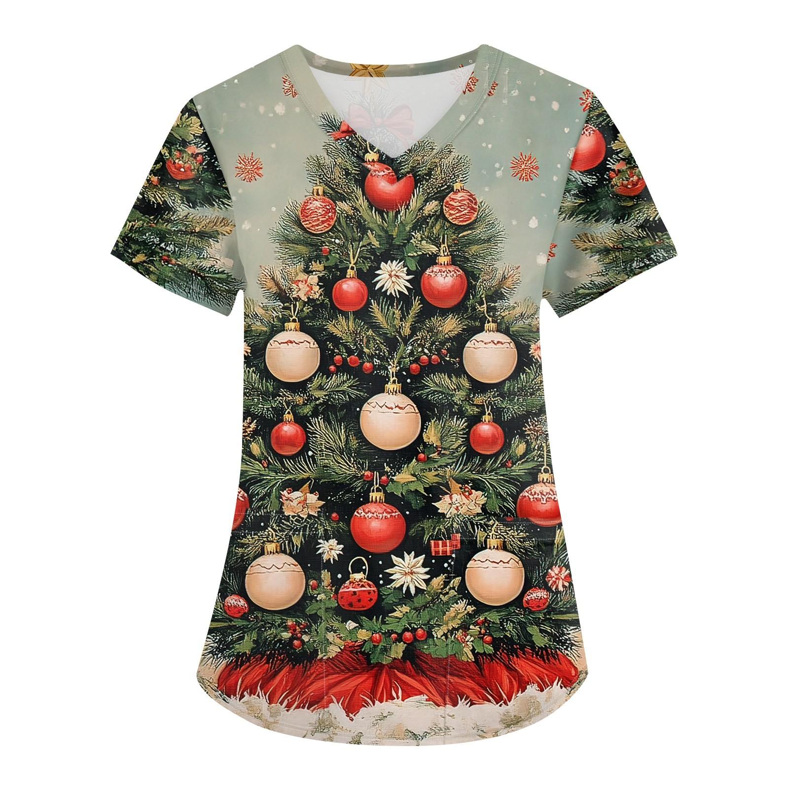 

Женская мода с v-образным вырезом, короткими рукавами и карманами, топы с рождественским принтом XXXXXL