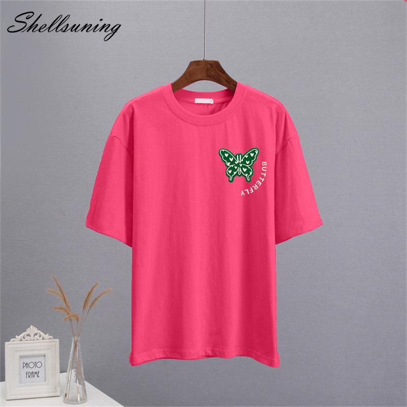 Shellsuning Sommer Baumwolle O Neck T Shirts Frauen Schöne Schmetterling Kurzarm 3D Brief Drucken Tees Lose Weiche Grundlegende Weibliche tops