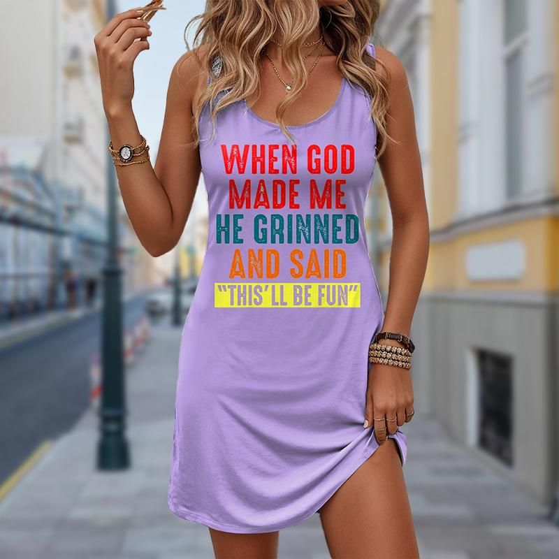 Kadın Gül Çiçeği Sahte İki Parça Monogram Baskılı Kolsuz Yuvarlak Yaka Elbise Bol Yumuşak ve Rahat Büyük Beden Elbise