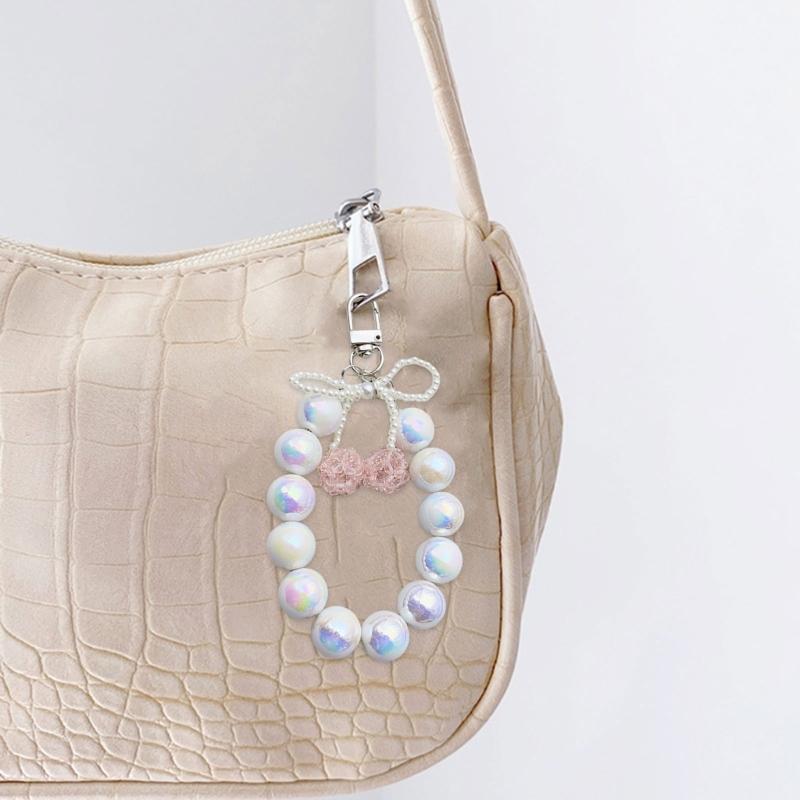 Elegant Bowknot Pendant Keyring 3D Cherries Keychain Portable Beaded Key Chain Jewelry Bag Accessory for Women and Girls