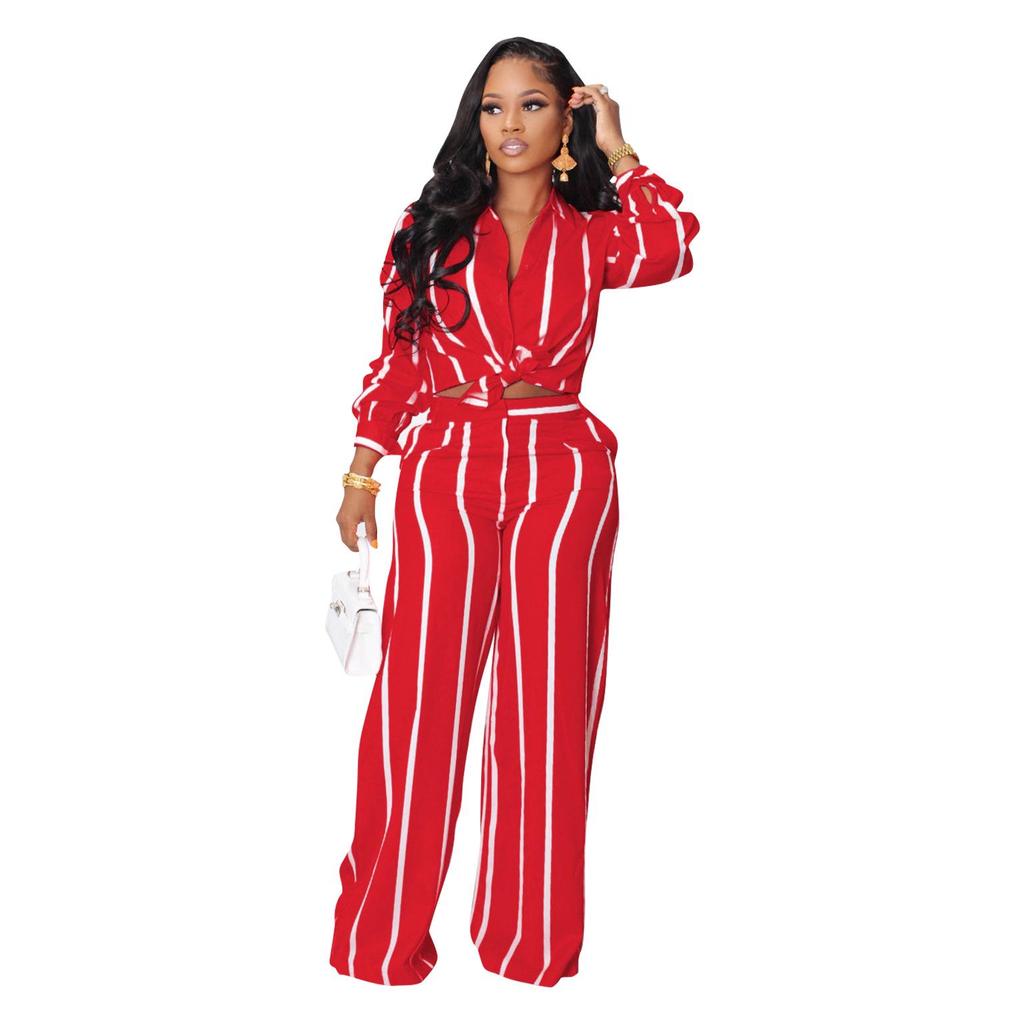 Women's Striped Printed Long-Sleeve Shirt Suit - Two-Piece Set