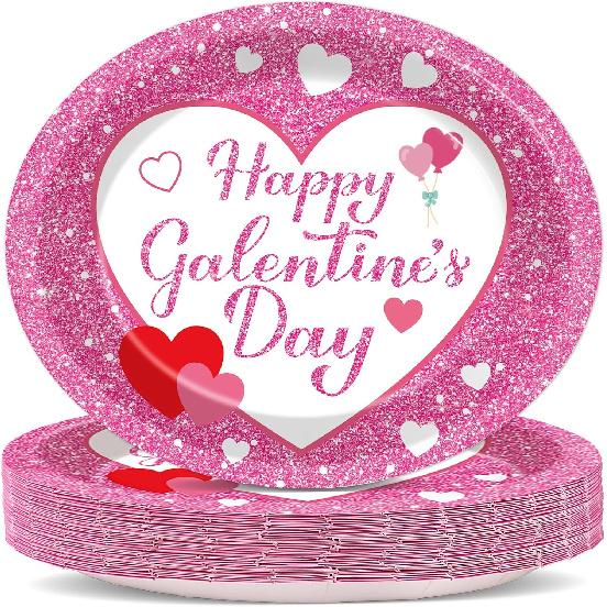 50Pcs Happy Galentine s Day Party Plates Heart Oval Paper Plates Decoration Galentines Love Supplies Set Pink Heart Tableware Disposable Romantic