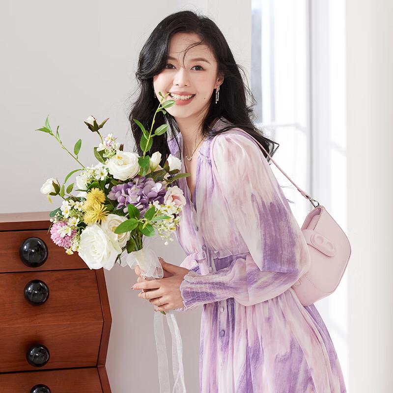 VICTORIA&VERA Women's Elegant Tie-Dye V-Neck Long Sleeve Dress