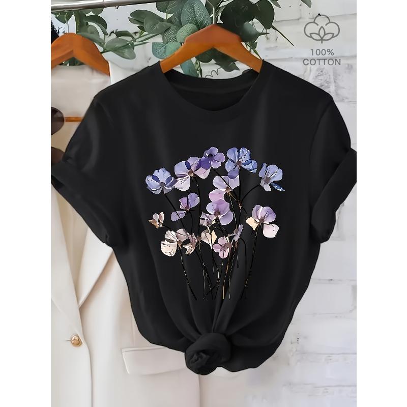 European Size Women'S Floral Print T-Shirt - Short Sleeve,Round Neck,Casual Spring/Summer Top with Vibrant Purple & Blue Flower Design,Everyday Tshirt