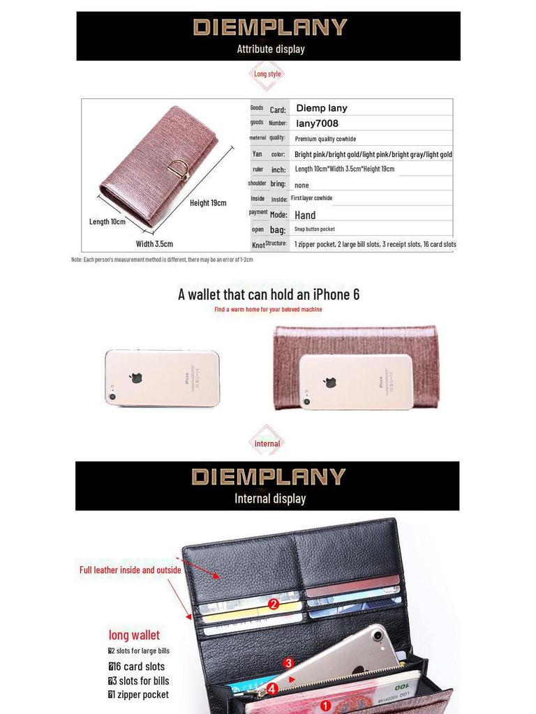 Echtes Leder Damen Langbörse - Großes Fassungsvermögen Rindsleder Europäisch & Amerikanisch Multifunktionale Schlanke Handgeldbörse