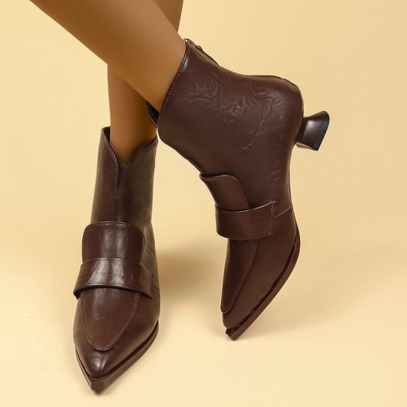 Fashion Special-shaped Heel Single Boots Autumn New Style Pointed Stitching Rear Zipper Non-slip Wear-resistant Short Boots