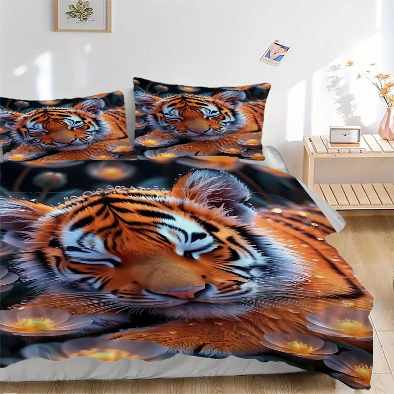

3pcs Tiger Floral Print Duvet Cover Set, 1 Duvet Cover + 2 Pillowcases (No Insert), High-Definition Print, Home & Dorm yy251123025 135x200cm
