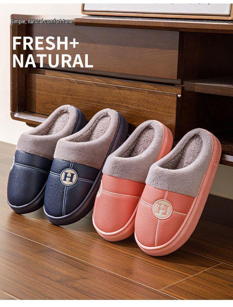 Women's Indoor/Outdoor Waterproof PU Leather Slippers with Non-Slip Thick Soles & Plush Lining