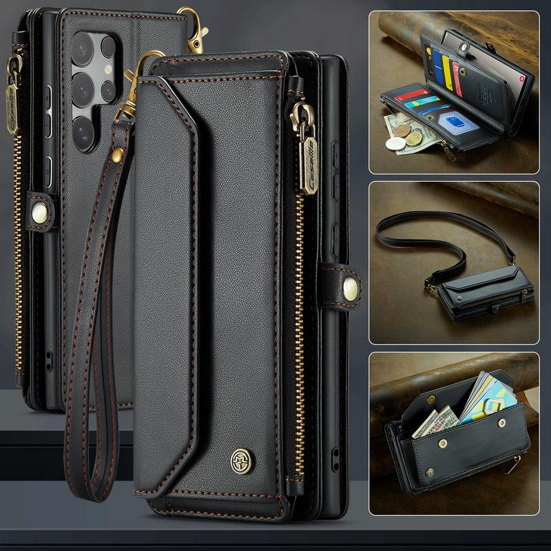Custodia di Lusso in Pelle per Samsung S24 FE S23 Ultra S22 S21 Plus S20 S25 A16 A17 A57 A55 A35 A54 A34 S26 Tracolla con Cordino Portafoglio con Zip Slot per Carte Copertura