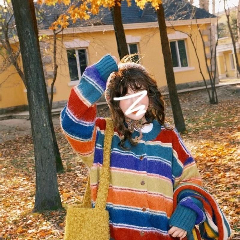 Women Colorful Striped Round Neck Sweater Japanese Retro Fashion Round Neck Cardigan Autumn Loose Lady Single Breasted Top