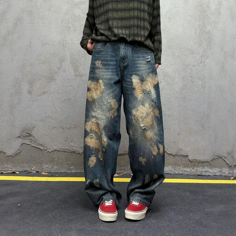 Vintage Distressed Wide Leg Jeans Men Retro Washed Straight Denim Pants Teens