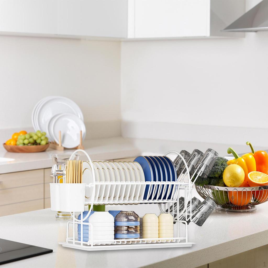 Dish Drying Rack with Cup Holders Space Saving Carbon Steel, Cutlery Holder Drainer for