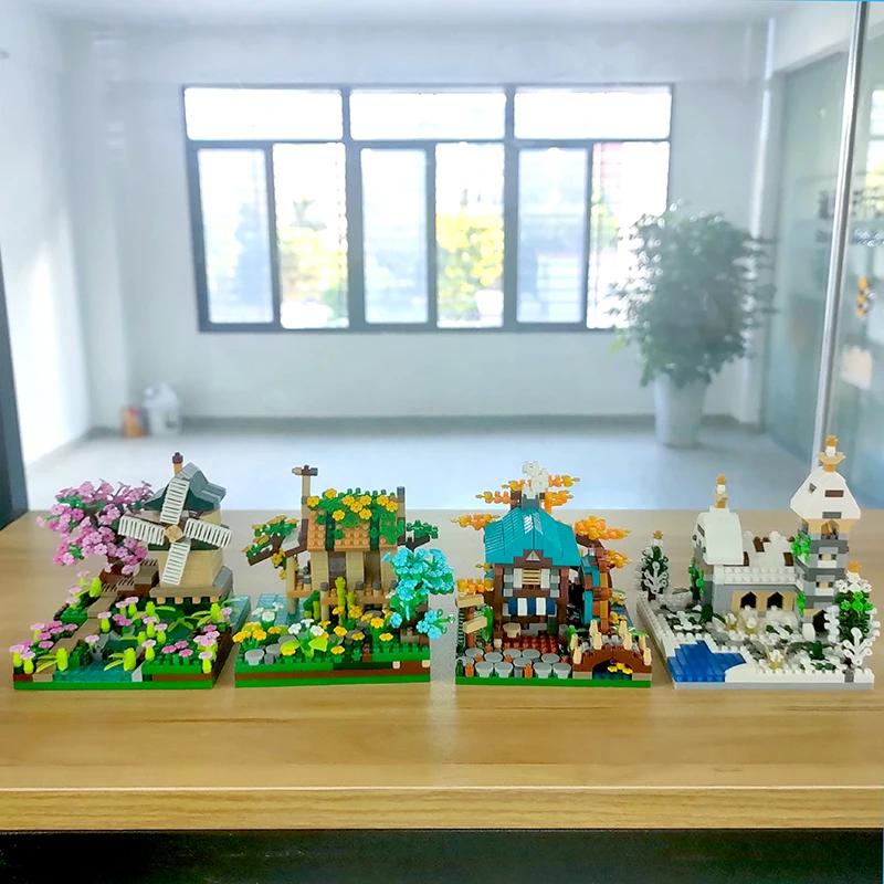 Four Seasons Micro Bricks Street View Sakura Windmühle Bausteine Fischerhütte Baum Zusammenbauen Ziegel Spielzeug für Kinder Jungen