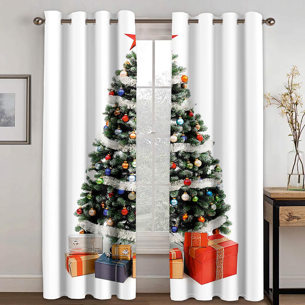 Christmas Decoration Curtain 3D Cartoon Santa Claus Christmas Tree Polyester Cloth Curtain Snowman Pattern Festive Atmosphere