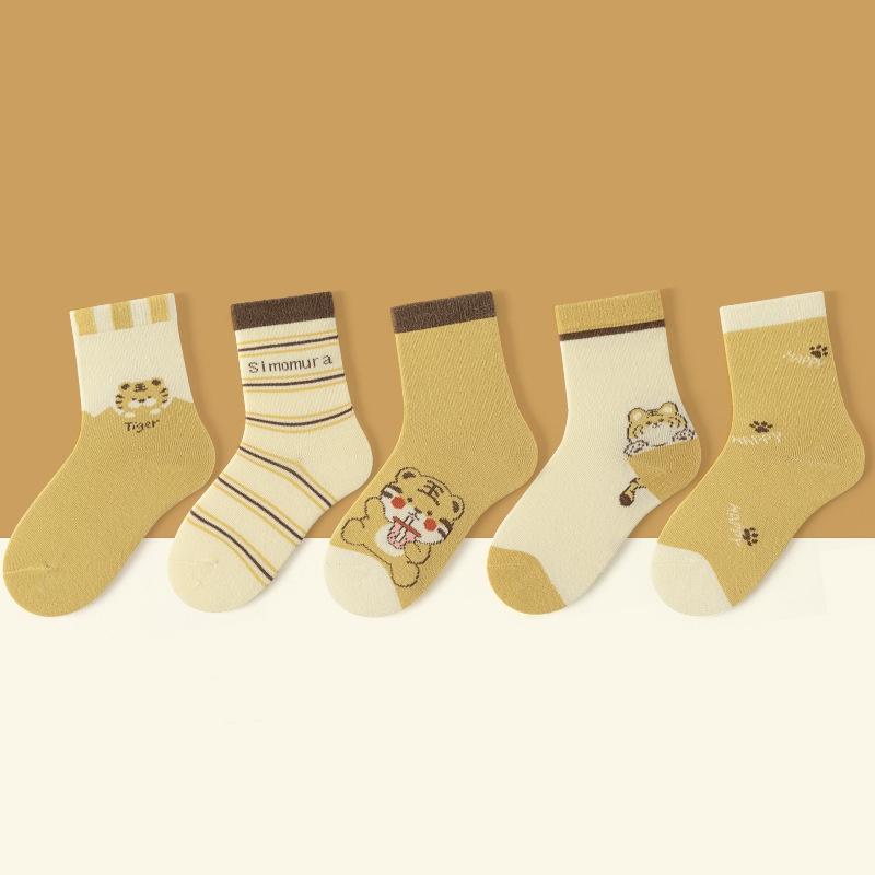 

5 пар/комплект детских носков весна-осень для мальчиков и девочек, милые носки средней длины с тигром для детей, милые полосатые хлопковые носки с буквами XL жёлтый