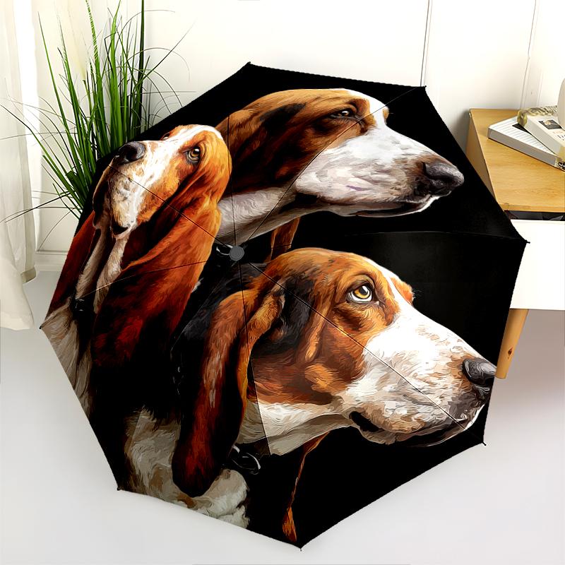 Black Puppy pattern, automatic folding umbrella, portable and foldable design, 8 ribs, a Christmas or birthday gift.