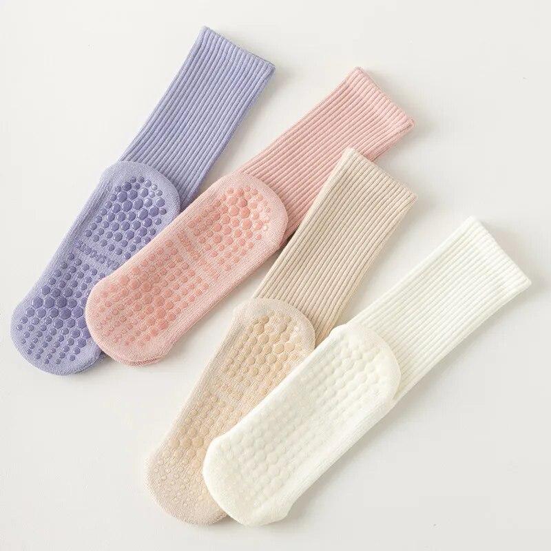 Macaron Striped Simple Cotton Mid-calf Women Yoga Socks Bottom Silicone Non-slip Sports Socks Indoor Dance Fitness Pilates Socks