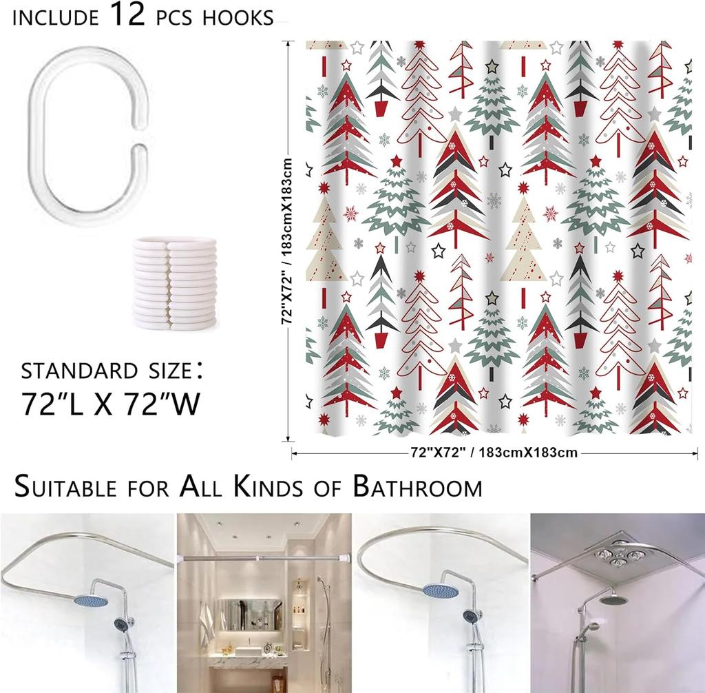 Christmas Shower Curtain 72X72 Inches Waterproof Washable Fabric With 12 Hooks Winter Holiday Xmas Tree Snowflake Bathroom Decor