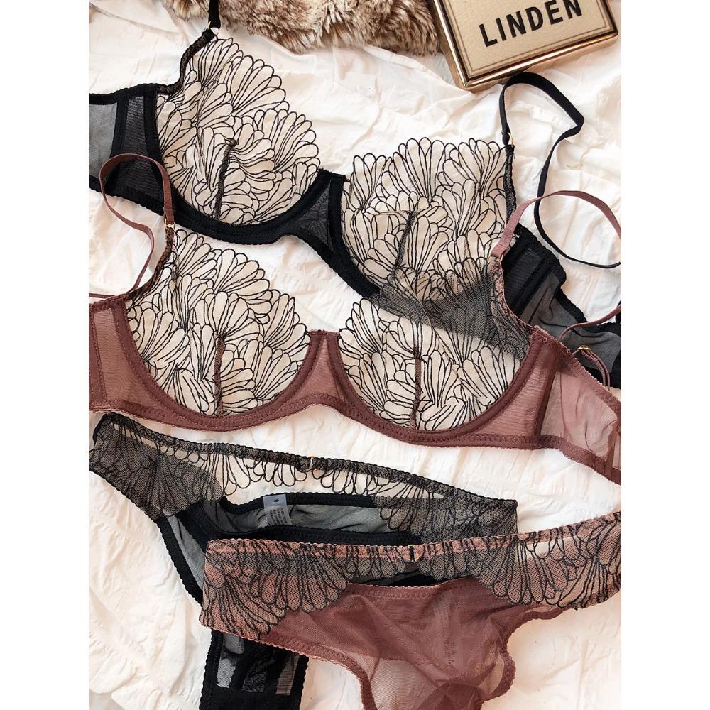 Summer Lace Ultra Thin Women Underwear French High Quality Feather Push Up Bra Set Sexy Brassiere and Hollow Panties Sets Ladies