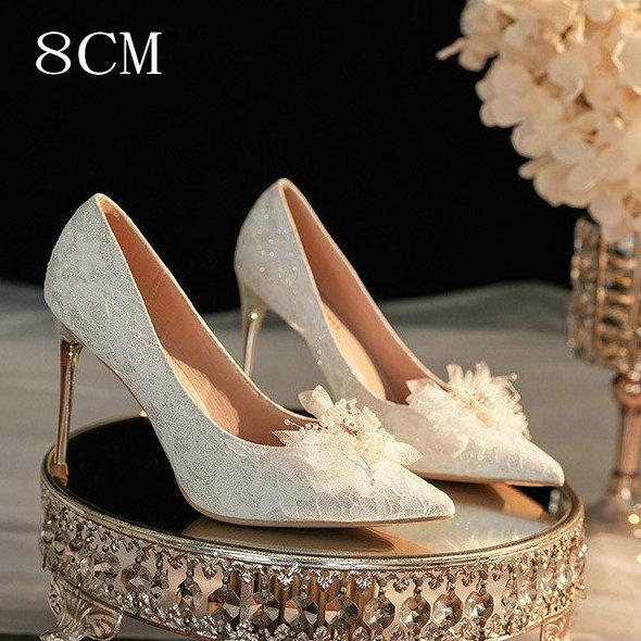 2024 Wedding Stilettos With Flowers White Temperament Stilettos With Party Gentle Wind Princess Women'S Shoes