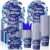 Cross-border Blue Birthday Party Set: Fireworks Print Plates, Flags & Napkins.