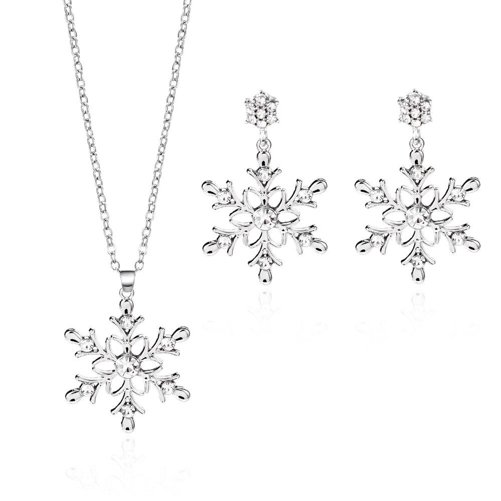 Zinc Zinc Zinc Alloy Xmas Dangle Earrings Rhinestone Snowflake Necklace Christmas Jewelry Set  Gift