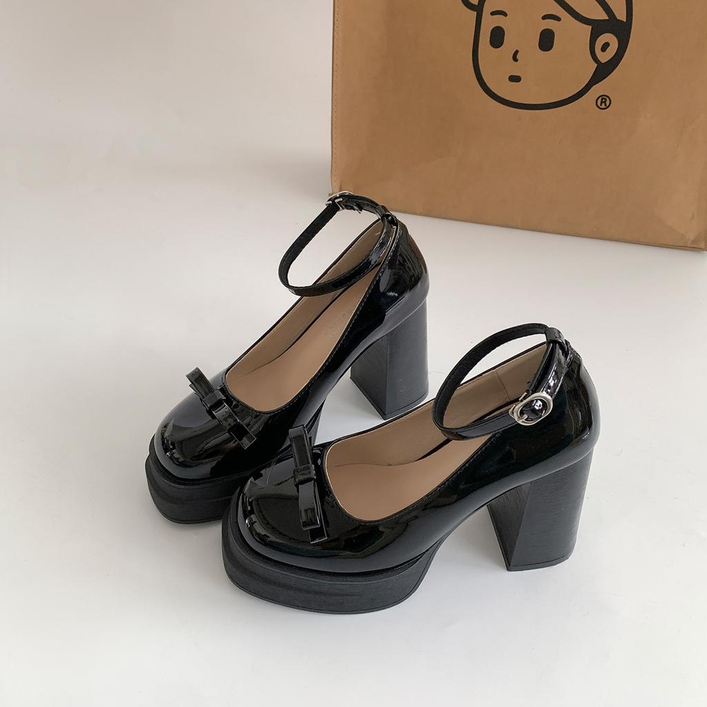 White French Retro Thick Heel High Heels Women's 2025 New Summer with Skirt Bow Mary Jane Single Shoes