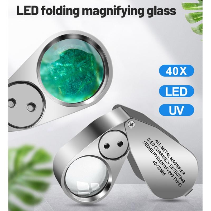 40X Full Metal Illuminated Jewelers Magnifier Best Pocket Folding Magnifying Glass Jewelers Lens Eye Loupe with LED