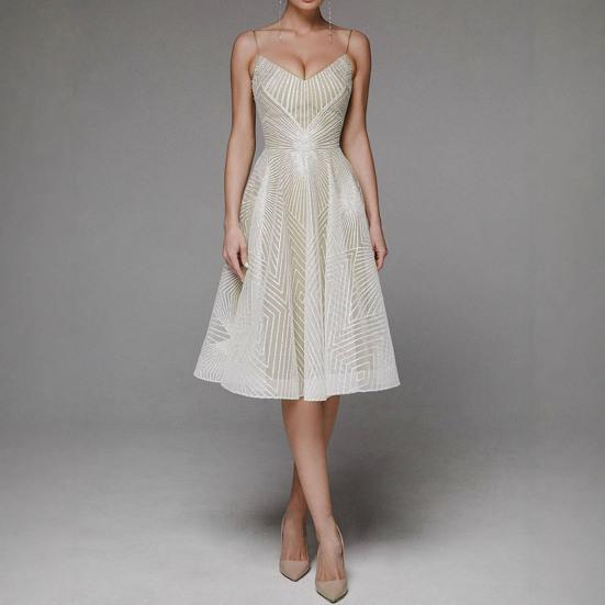 Evening Dress V Neck A-line Slim Waist High Waist Strappy Dress Bing Swing Backless Sleeveless Embroidery Slip Dress for Prom Party