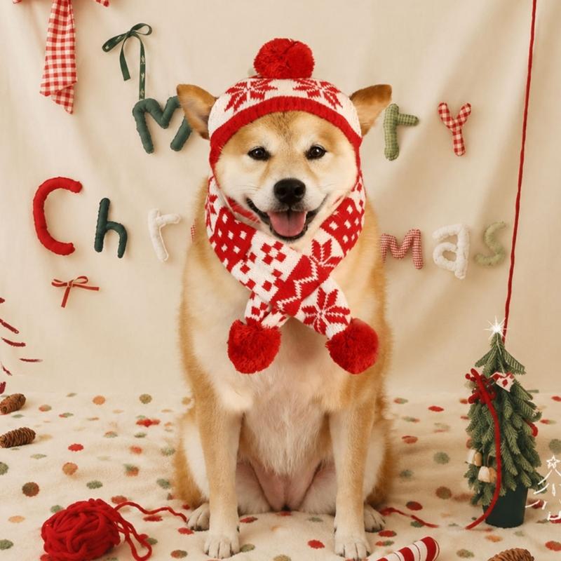 Holiday Pet Photo Hat and Neck Scarf Set, Acrylic Christmas Accessories for Winter Pictures and Gathering Wear Plus